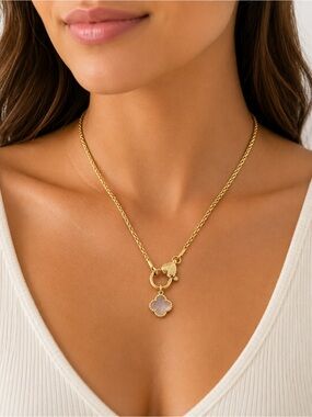 14K Gold Filled Lavender Clover Charm Necklace Statement Spring Clasp